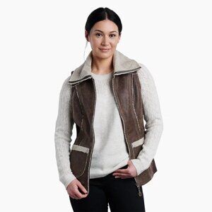 Kuhl Dani Projekt Sherpa Vest Brown Suede Wool Blend Fleece Women’s Size XS